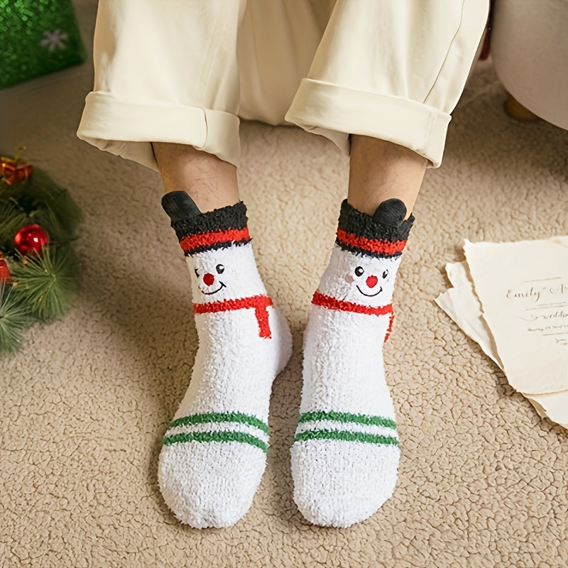 3 Pairs Cozy Christmas Socks for Women - Warm Mid-Calf Santa & Reindeer Design, Soft Plush Material, Perfect for Winter Holidays.