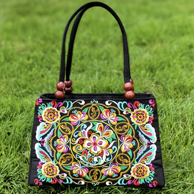 Ethnic Style Double-Sided Embroidered Handbag with Wooden Bead Handles & Dual Zipper Closure - Vibrant Floral Mandala Design on Durable Fabric Purse for Women, Casual & Formal Events, Intricate Embroidery