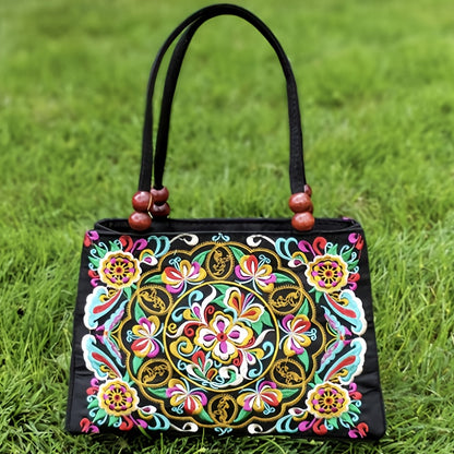 Ethnic Style Double-Sided Embroidered Handbag with Wooden Bead Handles & Dual Zipper Closure - Vibrant Floral Mandala Design on Durable Fabric Purse for Women, Casual & Formal Events, Intricate Embroidery