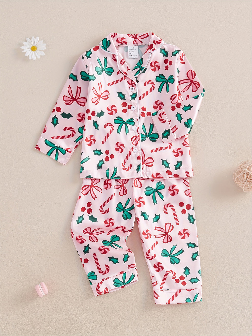 Girl Christmas Pajama Sets Bow/Candy Cane Print Lapel Neck Button-up Tops Long Pant Loungewear