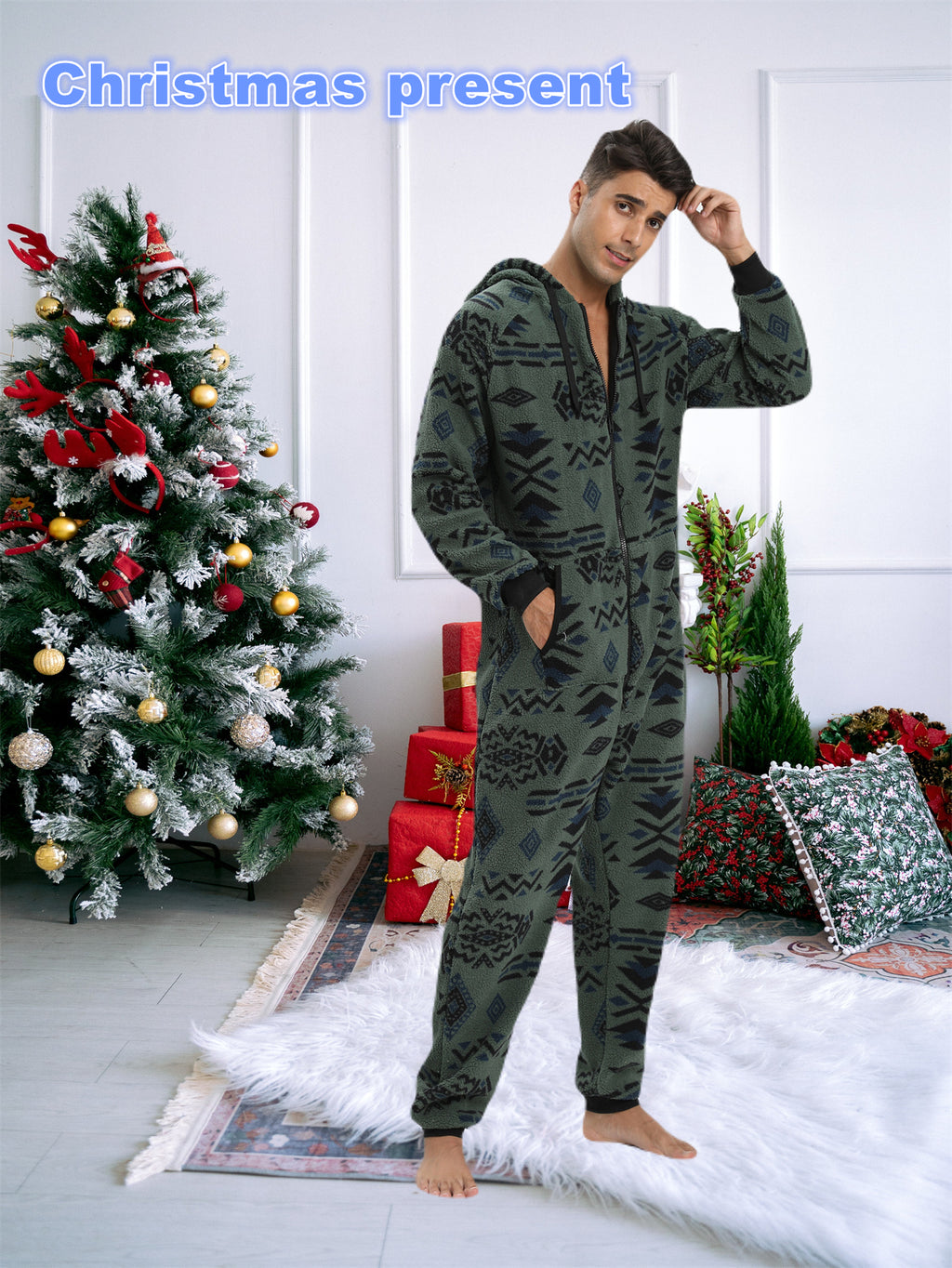 [Plush Zipup Hoodie] Cozy Warm Plush Zipup Hoodie - Men's Heavy-Duty Full-Zip Thermal Insulated Onesie for Cold Weather, Christmas Costume & Everyday Indoor/Outdoor Use