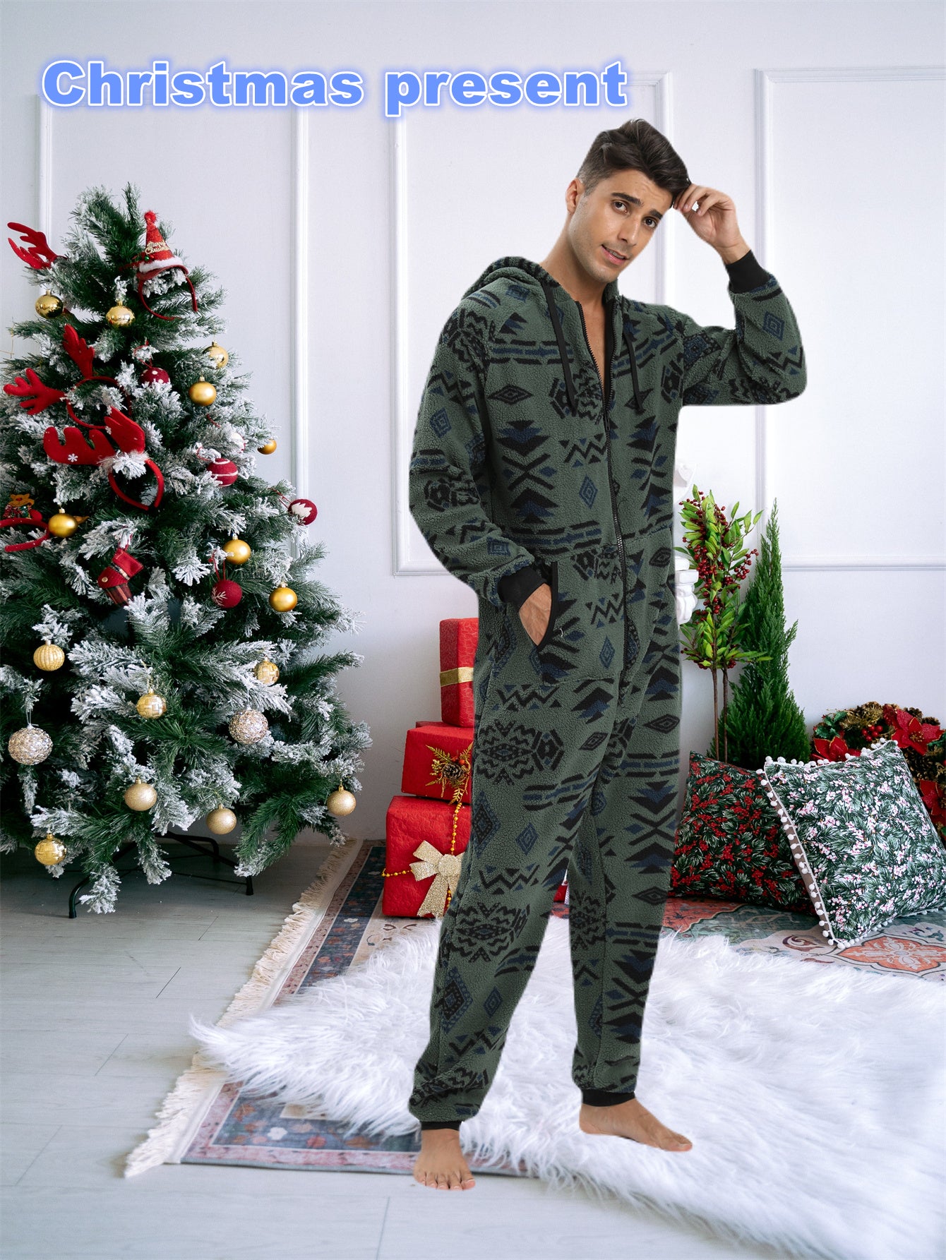 [Plush Zipup Hoodie] Cozy Warm Plush Zipup Hoodie - Men's Heavy-Duty Full-Zip Thermal Insulated Onesie for Cold Weather, Christmas Costume & Everyday Indoor/Outdoor Use