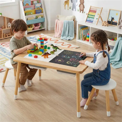 All-in-One Kids Activity Table And Chairs Set, Pine Wood Sensory Table With Foldable Storage Bins For Ages 3+