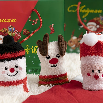 3 Pairs Cozy Christmas Socks for Women - Warm Mid-Calf Santa & Reindeer Design, Soft Plush Material, Perfect for Winter Holidays.