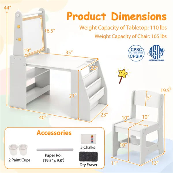 Grey Kids Activity Table With Magnetic Whiteboard/Chalkboard & Paper Roll, Multi-Storage Art Desk For Drawing & Studying