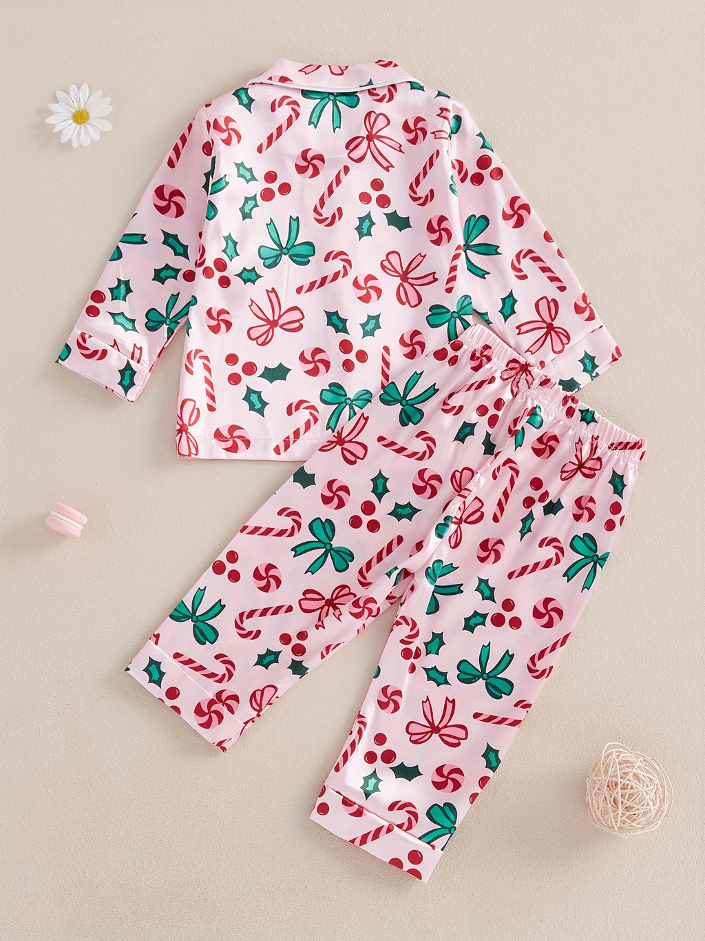 Girl Christmas Pajama Sets Bow/Candy Cane Print Lapel Neck Button-up Tops Long Pant Loungewear