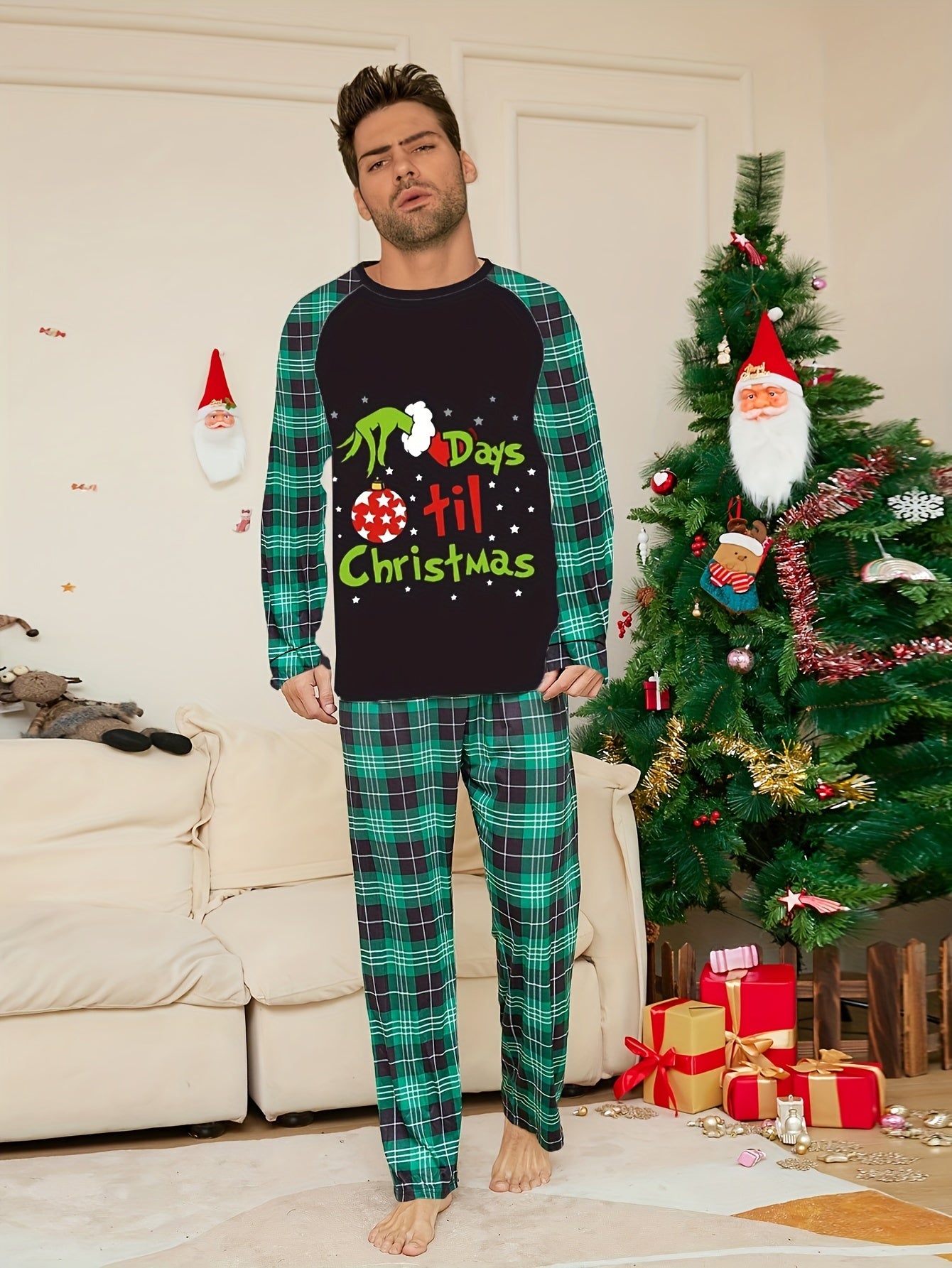 Long Sleeve Plaid Men'S Christmas Pajama Set, Elastic Waist, Cartoon Print, Party Style, Knit Polyester Fabric, Home Loungewear