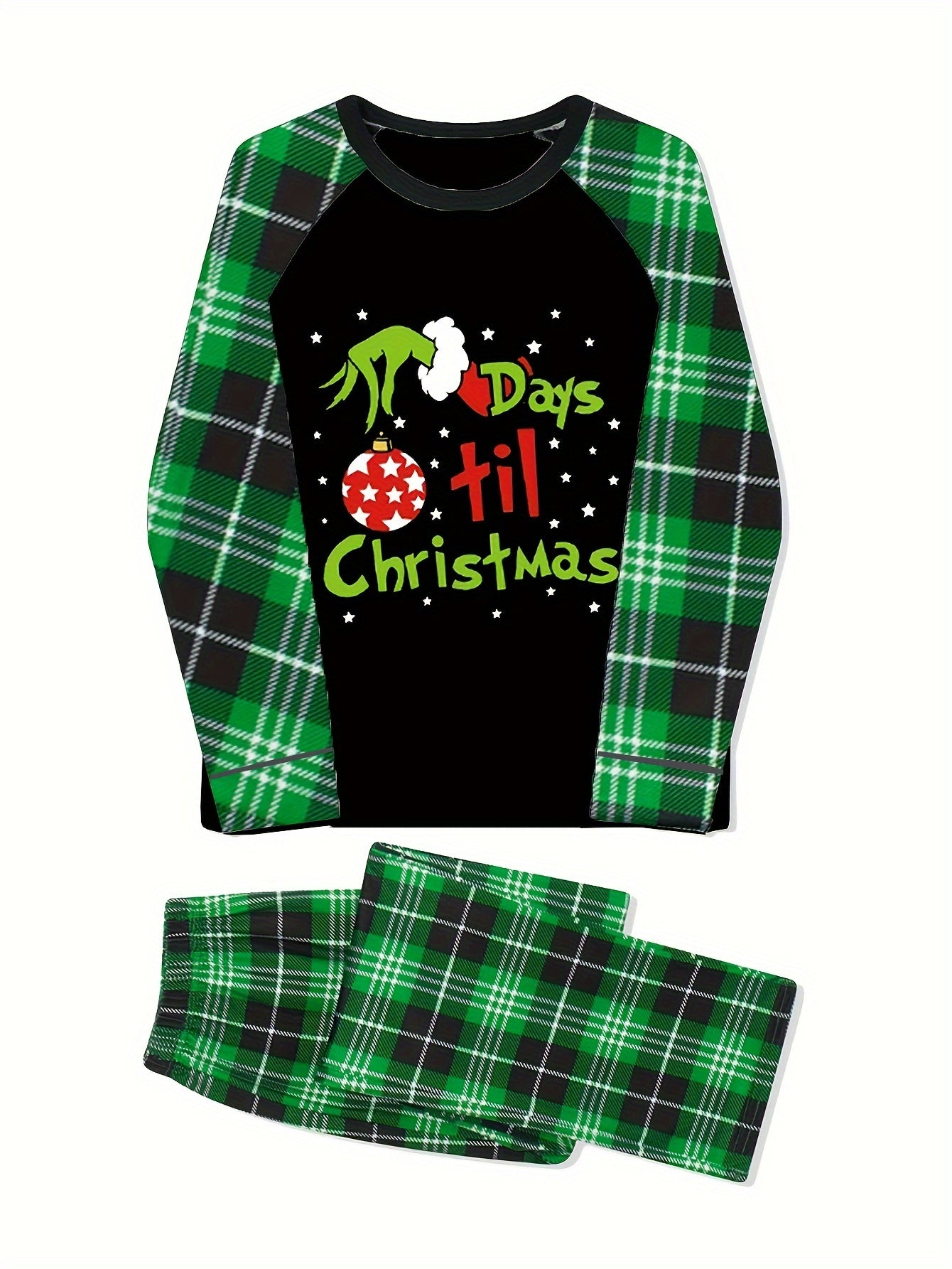 Long Sleeve Plaid Men'S Christmas Pajama Set, Elastic Waist, Cartoon Print, Party Style, Knit Polyester Fabric, Home Loungewear