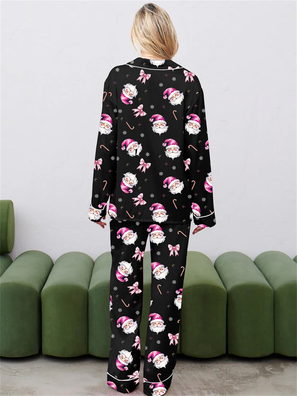 Women Christmas Pajama Set, Santa Claus Print Long Sleeve Shirt with Pants Sleepwear Loungewear