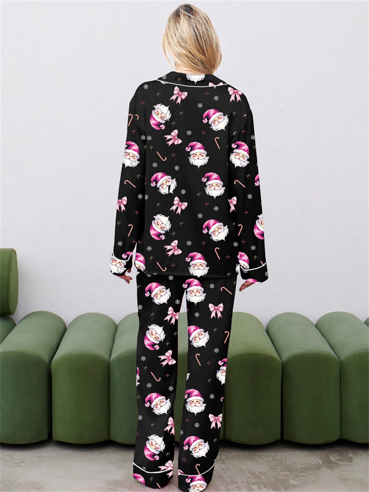 Women Christmas Pajama Set, Santa Claus Print Long Sleeve Shirt with Pants Sleepwear Loungewear