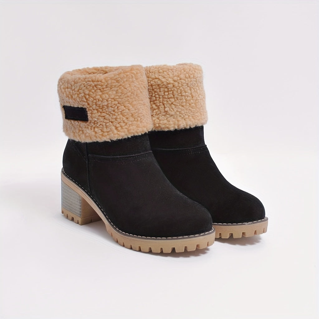 Women's Warm Faux Fur Lined Boots, Slip On Block Heeled Ankle Boots, Women's Footwear
