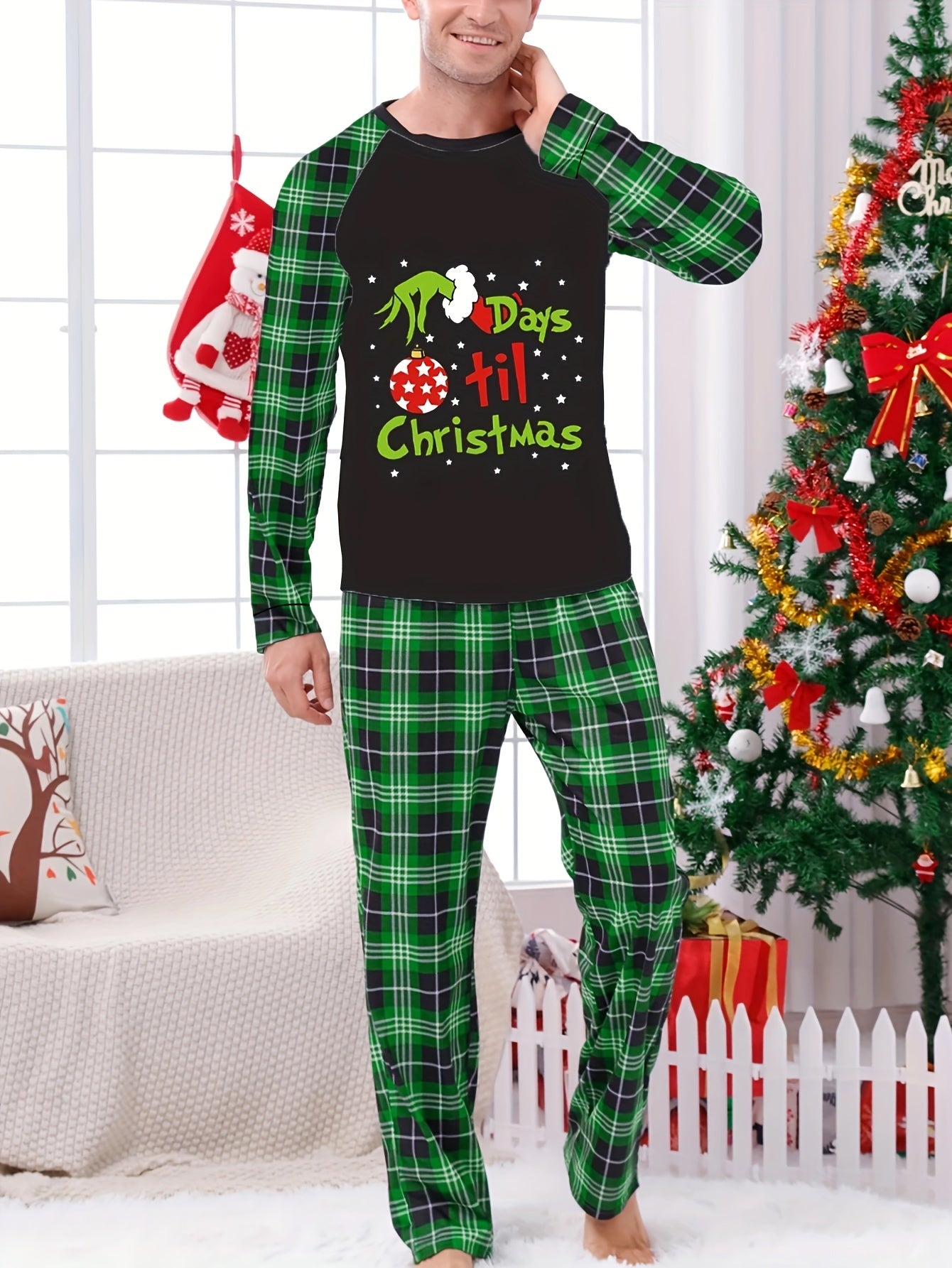 Long Sleeve Plaid Men'S Christmas Pajama Set, Elastic Waist, Cartoon Print, Party Style, Knit Polyester Fabric, Home Loungewear