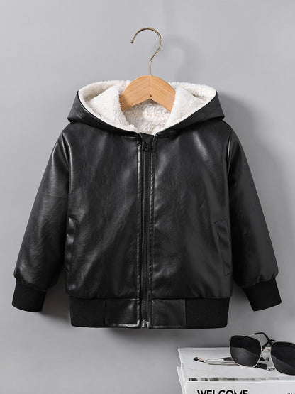 Boys' Faux Leather Jacket with Fleece Lining Thickened Winter Coat Full-Zip Closure Machine Washable Casual Style for Fall/Winter Regular Fit