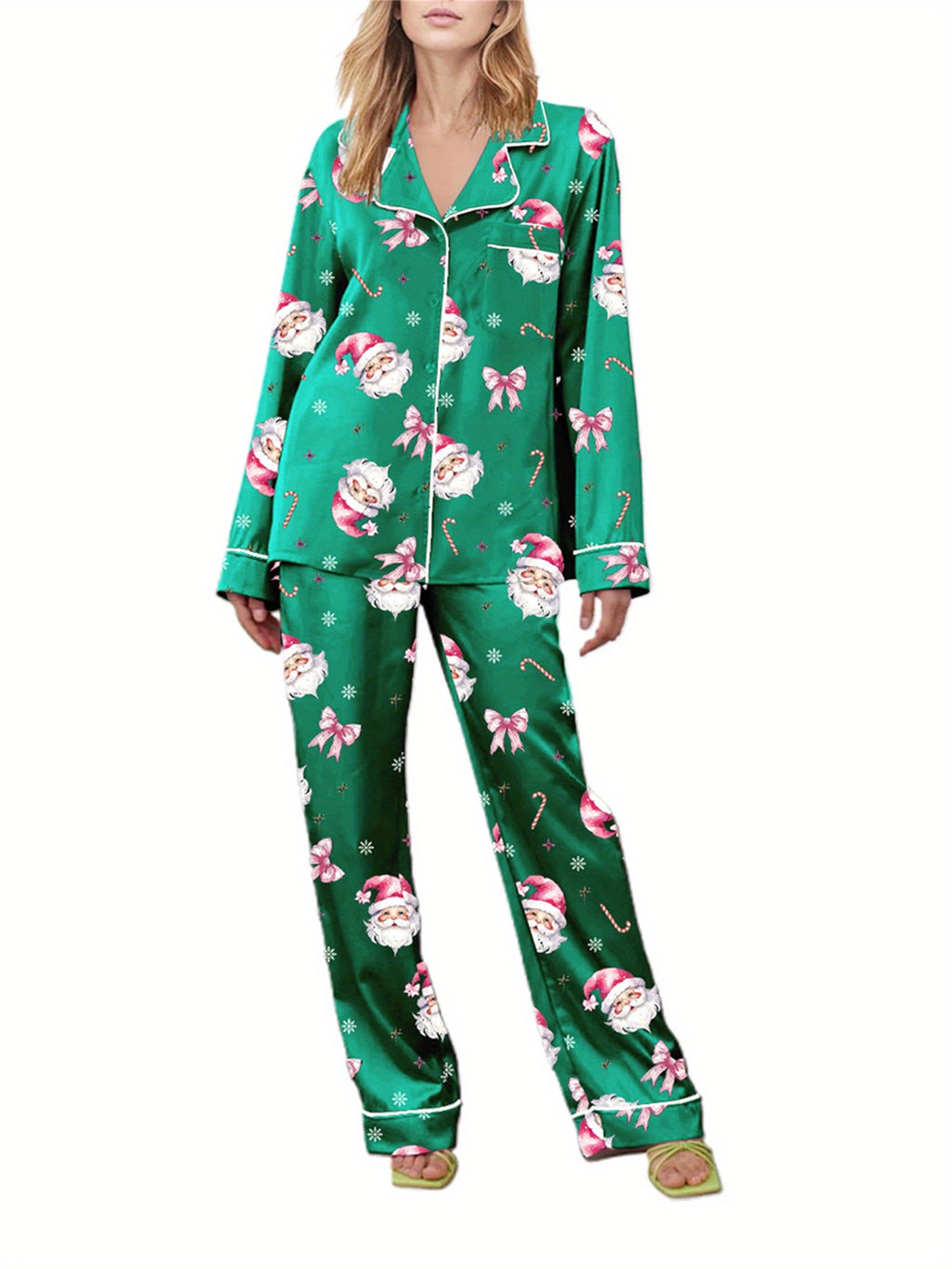 Women Christmas Pajama Set, Santa Claus Print Long Sleeve Shirt with Pants Sleepwear Loungewear