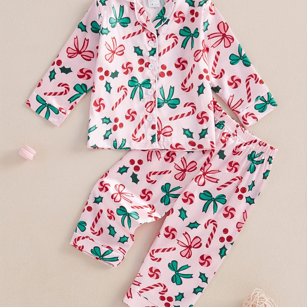 Girl Christmas Pajama Sets Bow/Candy Cane Print Lapel Neck Button-up Tops Long Pant Loungewear
