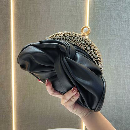 Elegant White Mini Clutch with Golden Rhinestone Crown, Removable Shoulder Strap, and Pearl Accents - Perfect for Evening Parties, Banquets, and Special Occasions, Ladies' Handbag